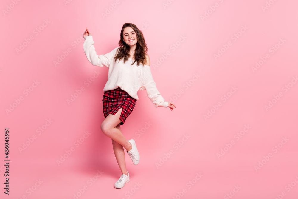 Full size photo of young attractive girl happy positive smile wear glamour outfit isolated over pink color background