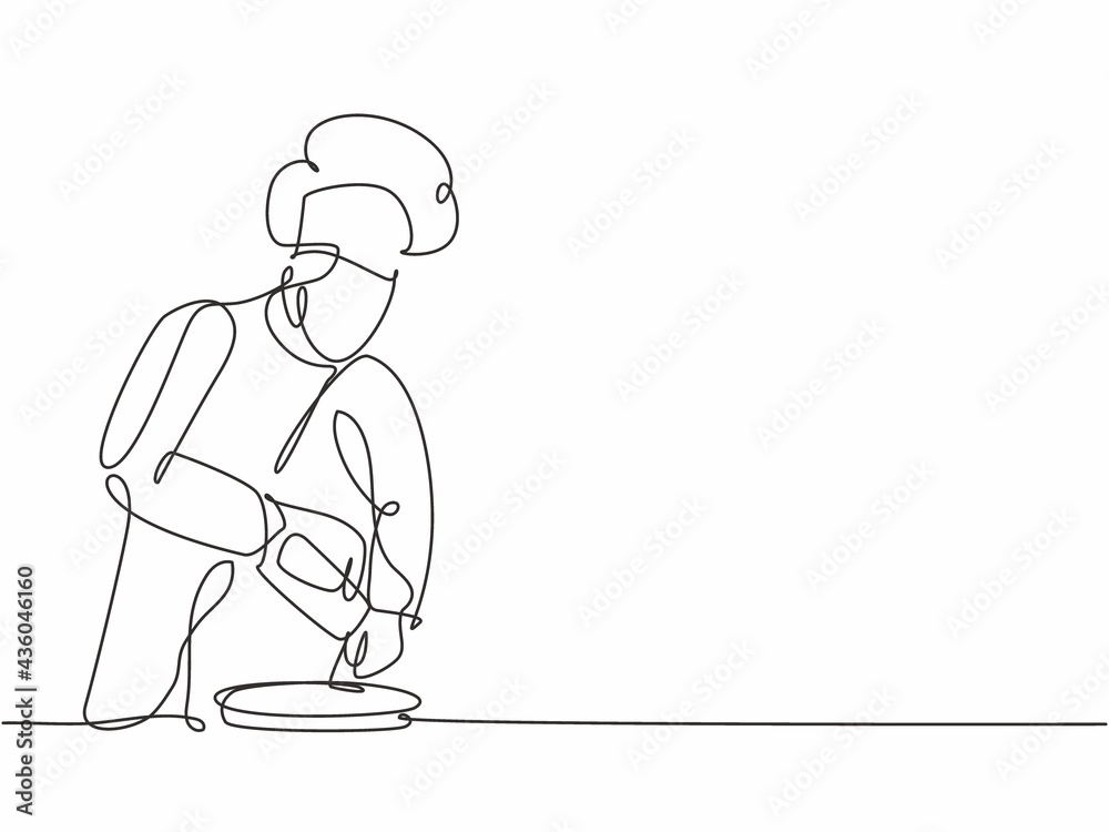 Single one line drawing of young happy male chef sparkling salt and pepper into beef steak on grill pan at commercial kitchen. Modern template one line hand drawn vector illustration minimalism style