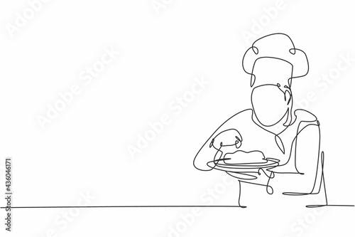 Continuous one line drawing of young confident handsome male chef sparkling salt and pepper to main dish before serving to customer. Food concept single line draw graphic design vector illustration