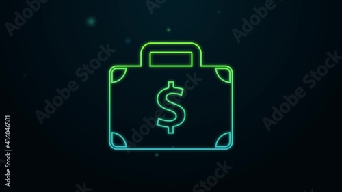 Glowing neon line Briefcase and money icon isolated on black background. Business case sign. Business portfolio. 4K Video motion graphic animation
