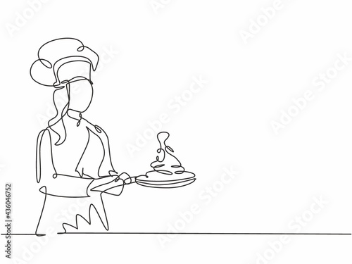Single continuous line drawing of young confident beauty female chef throwing ingredient on pan while sauteing the food. Healthy food concept one line drawing design vector minimalism illustration