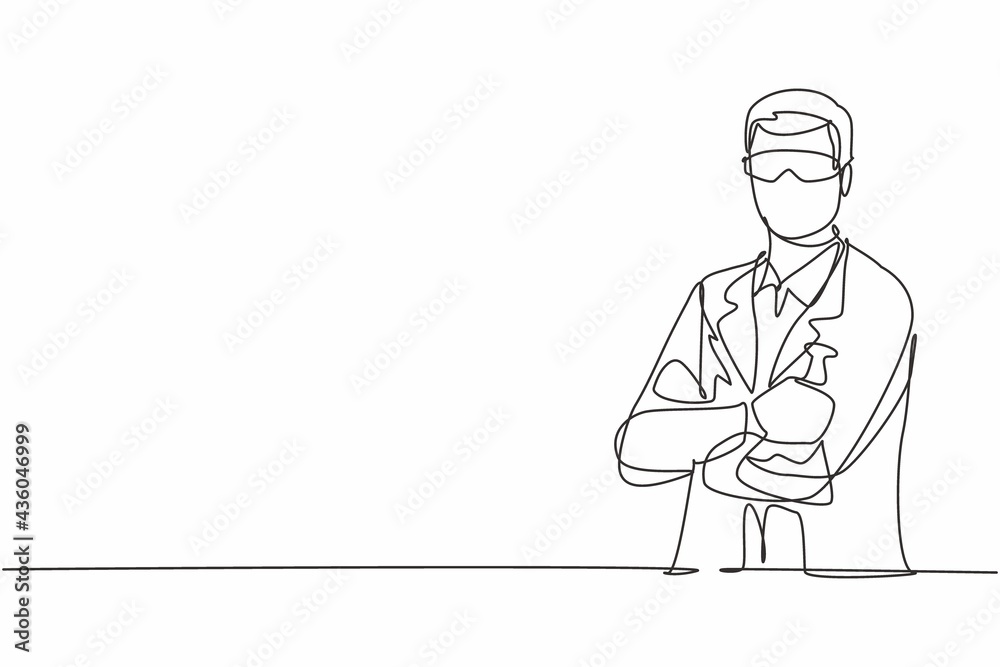 Single one line drawing young male scientist crossed arm on chest and holding flask. Professional work profession occupation minimal concept. Continuous line draw design graphic vector illustration