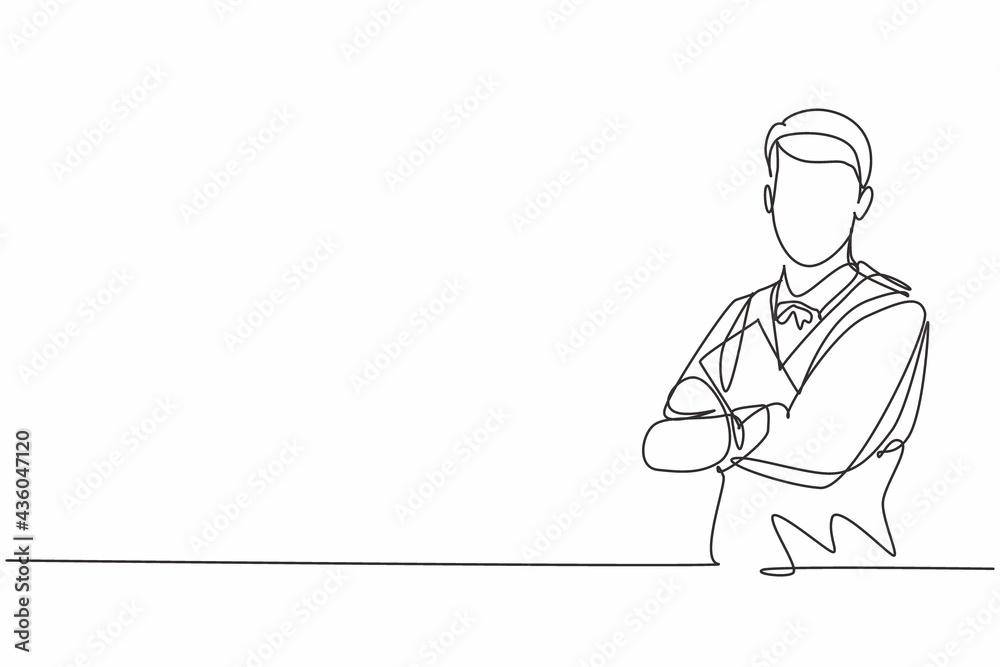 Single continuous line drawing of young male waiter cross arm on chest while holding resto menu. Professional work job occupation. Minimalism concept one line draw graphic design vector illustration Single continuous line drawing of young male waiter cross arm on chest while holding resto menu. Professional work job occupation. Minimalism concept one line draw graphic design vector illustration
