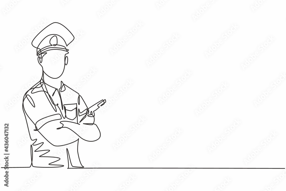 Single continuous line drawing of young police man posing cross arm on chest while holding gun. Professional work job occupation. Minimalism concept one line draw graphic design vector illustration