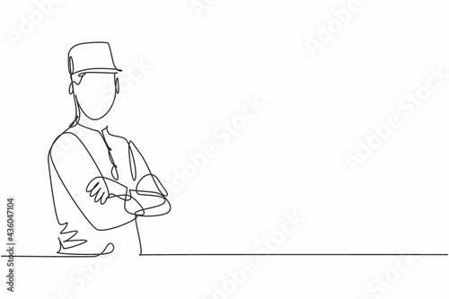 Single one line drawing of young handsome doorman posing cross arm on chest. Professional work profession and occupation minimal concept. Continuous line draw design graphic vector illustration