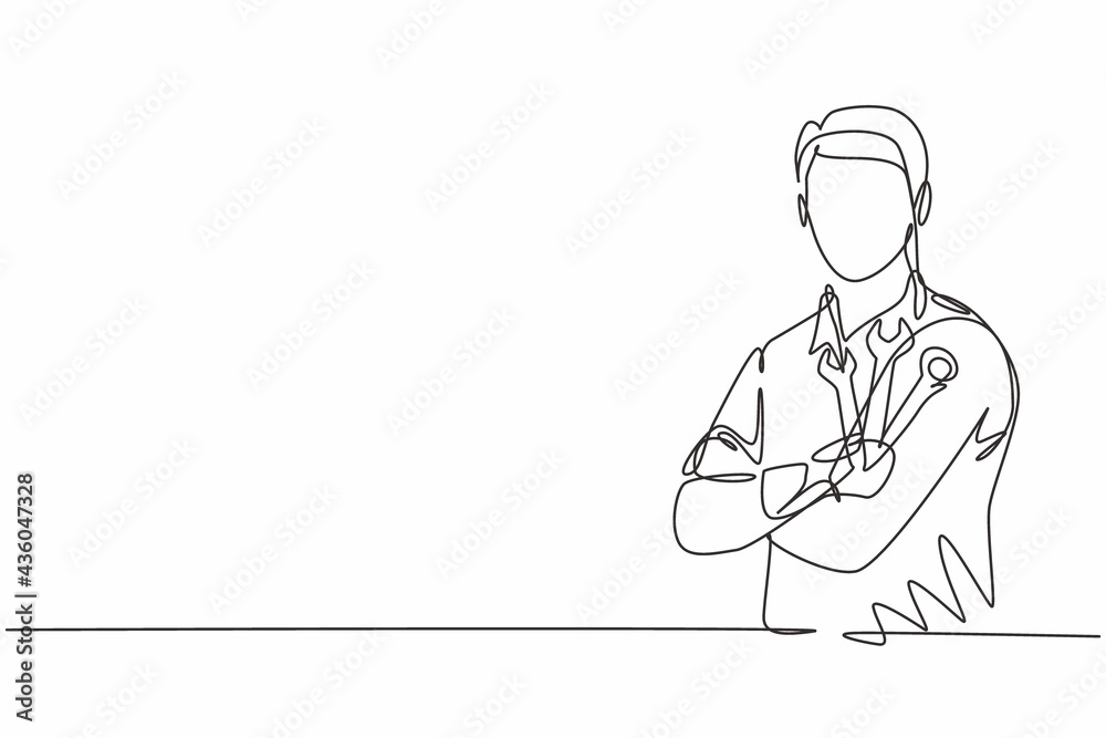 Single one line drawing of young male mechanic posing cross arm on chest. Professional work profession and occupation minimal concept. Continuous line draw design graphic vector illustration