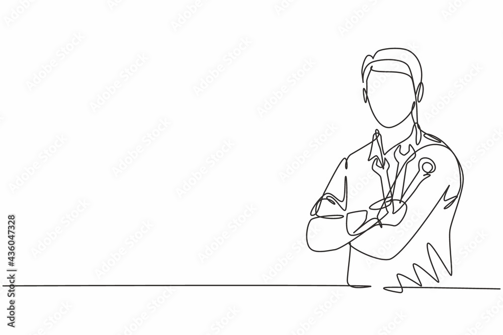 Single one line drawing of young male mechanic posing cross arm on chest. Professional work profession and occupation minimal concept. Continuous line draw design graphic vector illustration Single one line drawing of young male mechanic posing cross arm on chest. Professional work profession and occupation minimal concept. Continuous line draw design graphic vector illustration