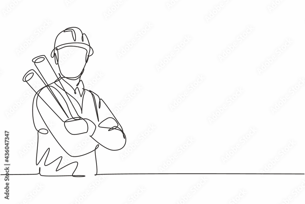 Ταπετσαρία Single one line drawing young male architect cross arm on chest hold blueprint paper