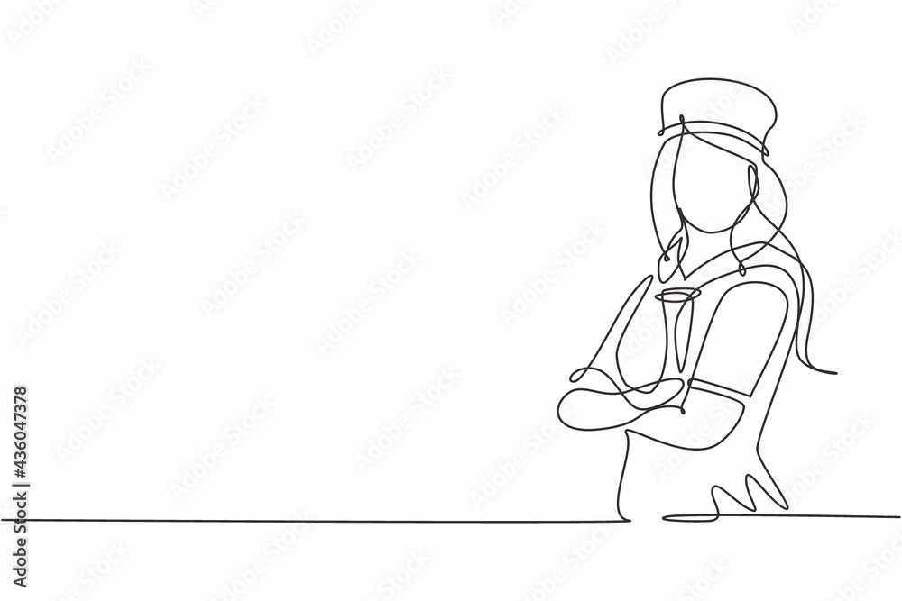 Single one line drawing of young sailor woman with uniform cross arm on chest . Professional work profession and occupation minimal concept. Continuous line draw design graphic vector illustration Single one line drawing of young sailor woman with uniform cross arm on chest . Professional work profession and occupation minimal concept. Continuous line draw design graphic vector illustration