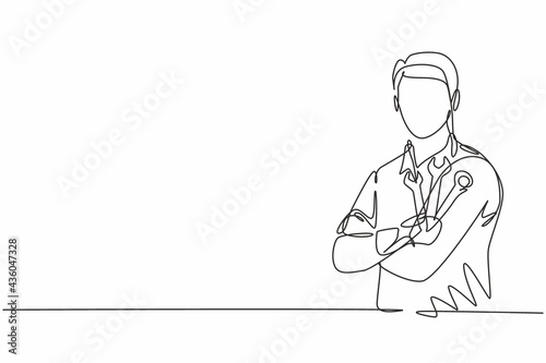 Single one line drawing of young male mechanic posing cross arm on chest. Professional work profession and occupation minimal concept. Continuous line draw design graphic vector illustration