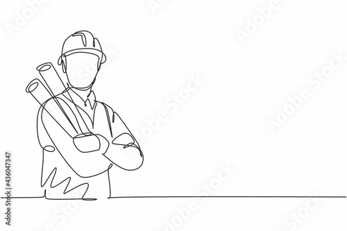 Single one line drawing young male architect cross arm on chest hold blueprint paper. Professional work profession occupation minimal concept. Continuous line draw design graphic vector illustration photo