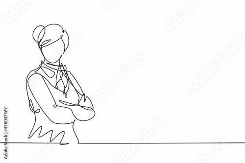 Single continuous line drawing of young female stewardess wearing uniform and pose crossed arms. Professional work job occupation. Minimalism concept one line draw graphic design vector illustration