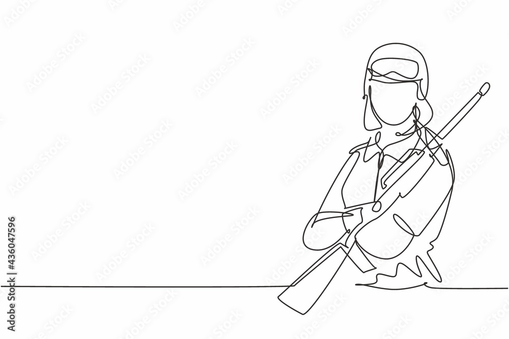 Continuous one line drawing of young female soldier carrying weapon pose cross arms on chest. Professional job profession minimalist concept. Single line draw design vector graphic illustration Continuous one line drawing of young female soldier carrying weapon pose cross arms on chest. Professional job profession minimalist concept. Single line draw design vector graphic illustration