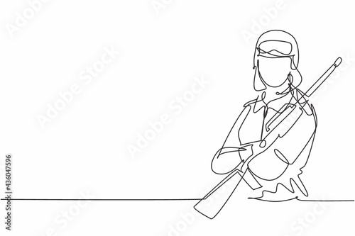 Continuous one line drawing of young female soldier carrying weapon pose cross arms on chest. Professional job profession minimalist concept. Single line draw design vector graphic illustration