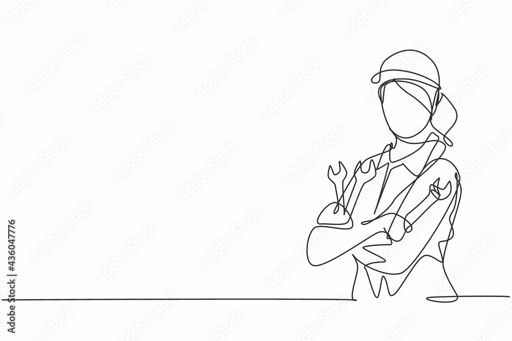 Continuous one line drawing of young female mechanic pose cross arms while holding set of wrench. Professional job profession minimalist concept. Single line draw design vector graphic illustration