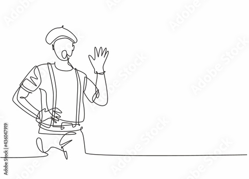 Continuous one line drawing of young male mime artist making hand gesture to entertain the audience. Professional job profession minimalist concept. Single line draw design vector graphic illustration