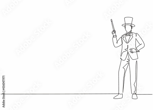 Wallpaper Mural Single continuous line drawing of young male magician in suit standing doing magic trick on stage