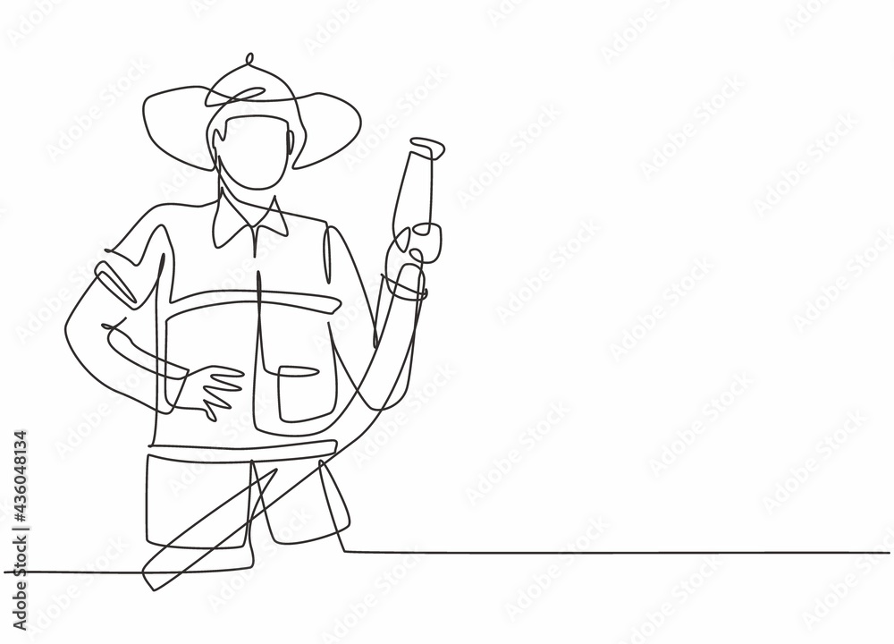 Continuous one line drawing of young male firefighter holding water nozzle. Professional job profession minimalist concept. Single line draw design vector graphic illustration Continuous one line drawing of young male firefighter holding water nozzle. Professional job profession minimalist concept. Single line draw design vector graphic illustration