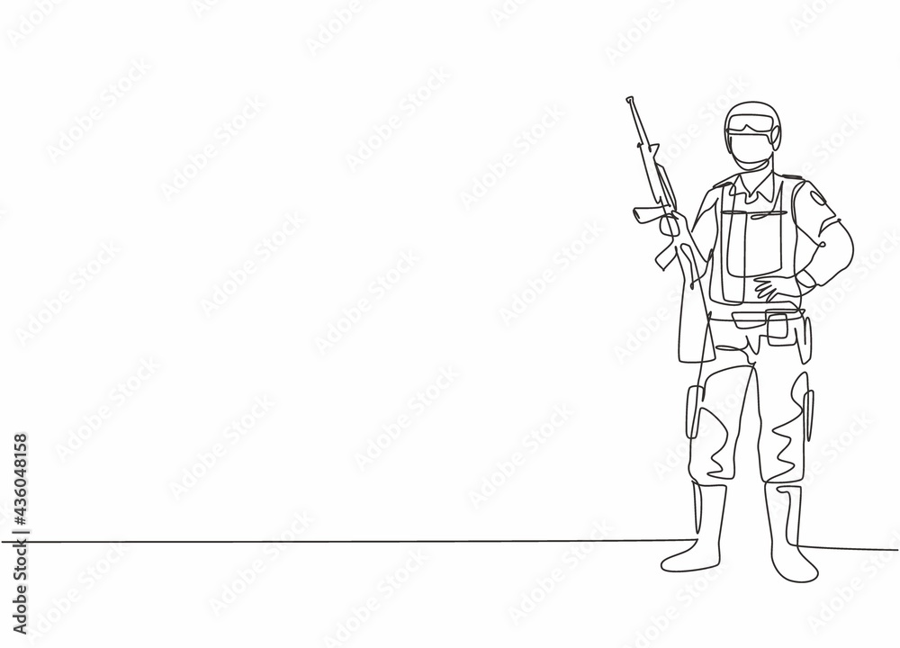 Single continuous line drawing of young male soldier pose standing and holding sniper weapon. Professional work job occupation. Minimalism concept one line draw graphic design vector illustration