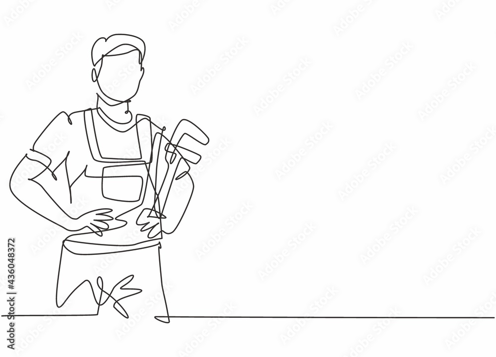 Single one line drawing of young male plumber wearing uniform holding pipe wrench. Professional work profession and occupation minimal concept. Continuous line draw design graphic vector illustration
