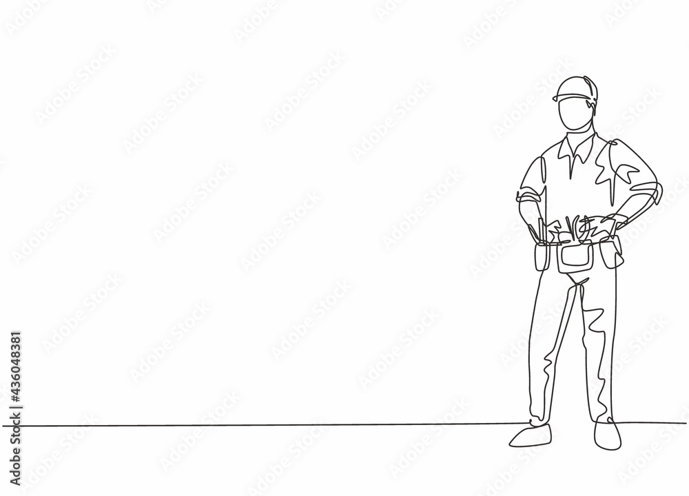 Continuous one line drawing of young handsome handyman pose standing before go to work. Professional job profession minimalist concept. Single line draw design vector graphic illustration