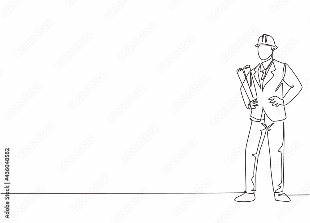 Single continuous line drawing young male architect wearing helmet while holding blueprint paper. Professional work job occupation. Minimalism concept one line draw graphic design vector illustration