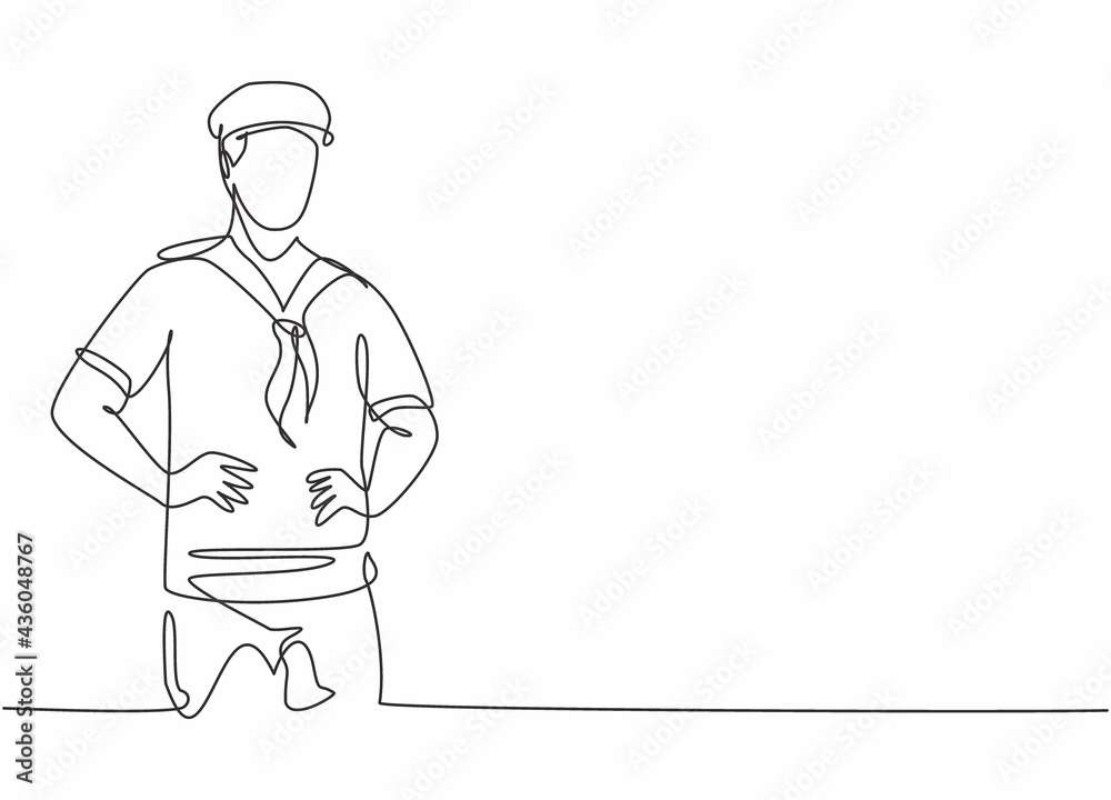 Continuous one line drawing of young sailor man wearing sailing uniform with hat before have a sail. Professional job profession minimalist concept. Single line draw design vector graphic illustration