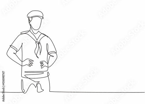 Continuous one line drawing of young sailor man wearing sailing uniform with hat before have a sail. Professional job profession minimalist concept. Single line draw design vector graphic illustration