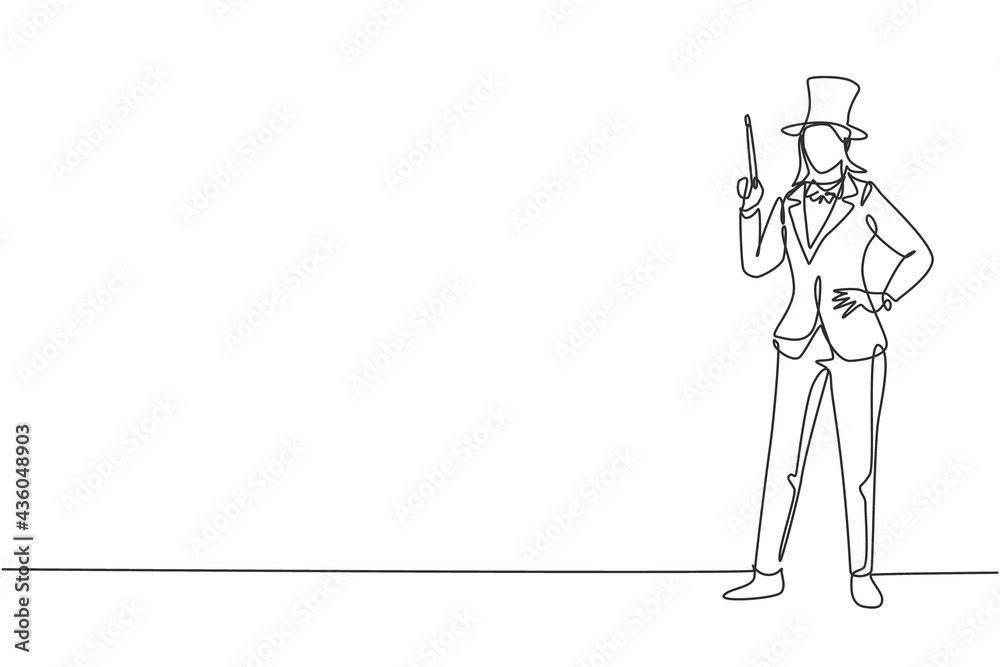 Single continuous line drawing young beauty female magician holding magic wand with hands on hip. Professional work job occupation. Minimalism concept one line draw graphic design vector illustration