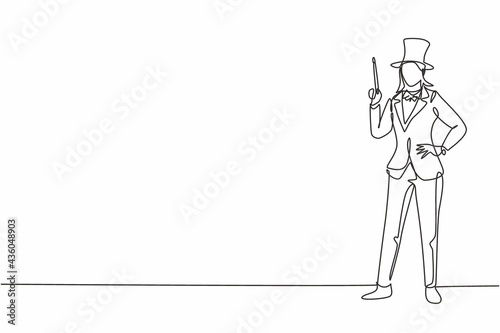 Single continuous line drawing young beauty female magician holding magic wand with hands on hip. Professional work job occupation. Minimalism concept one line draw graphic design vector illustration