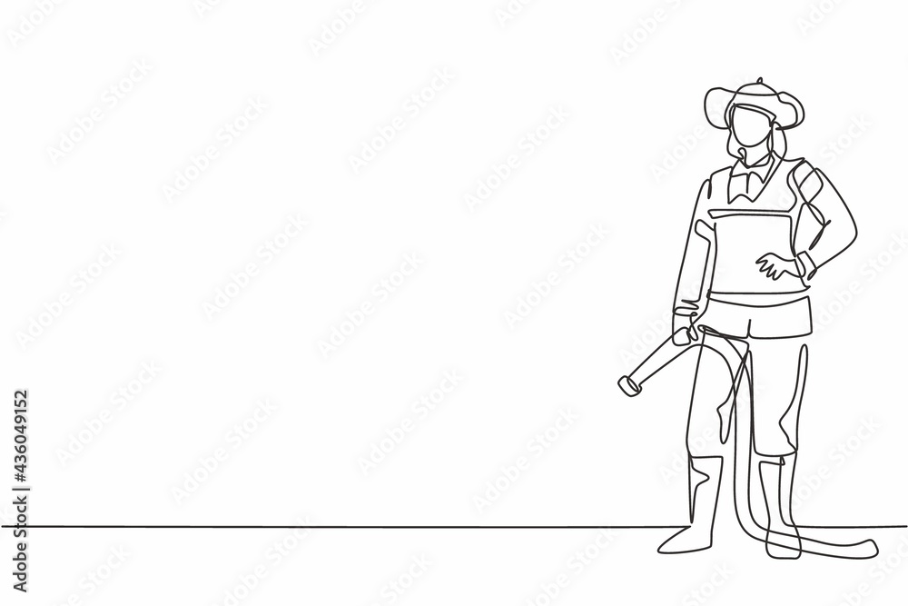 Continuous one line drawing of young beautiful female firefighter with uniform holding hands on hip. Professional job profession minimalist concept. Single line draw design vector graphic illustration