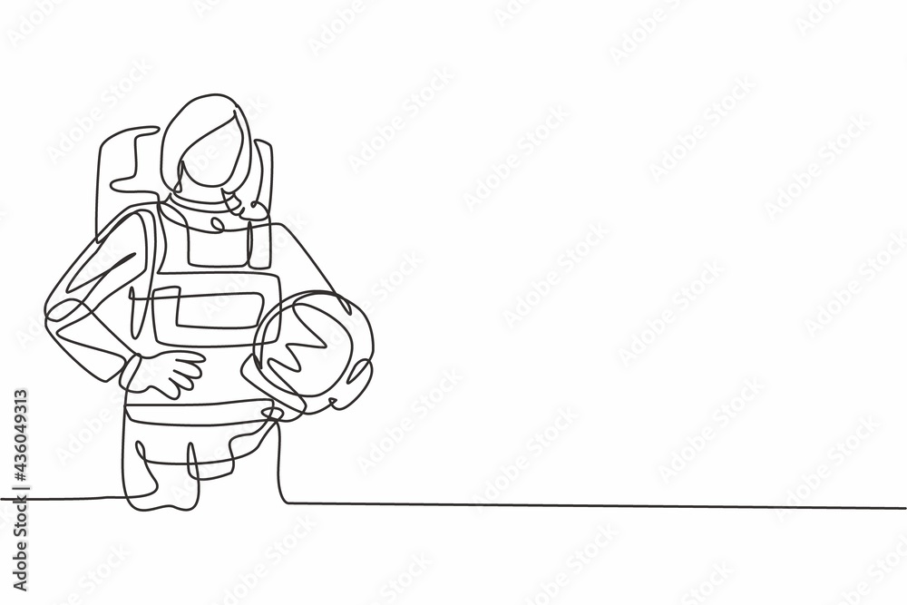 Single continuous line drawing of young beautiful female astronaut holding hands on hip. Professional work job occupation. Minimalism concept one line draw graphic design vector illustration