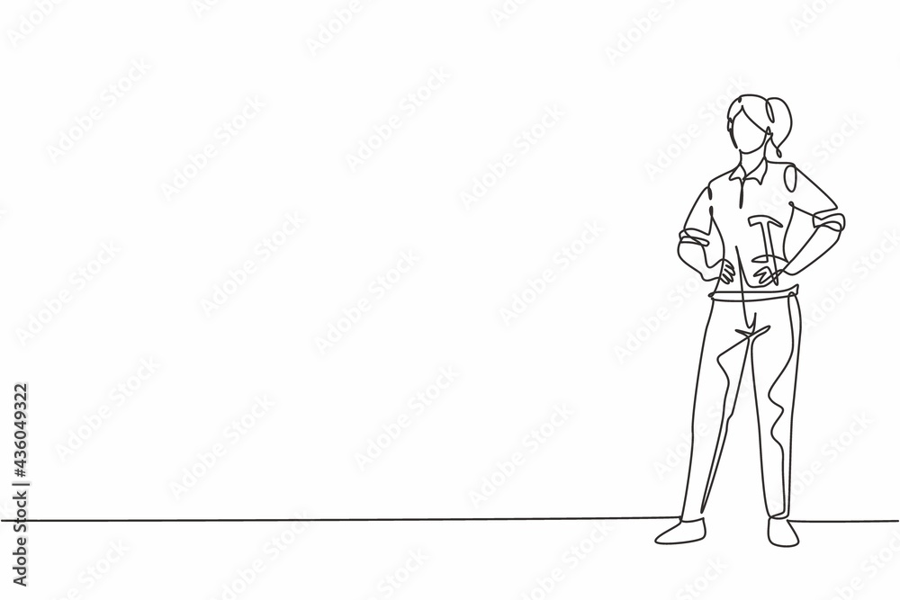 Single one line drawing of young female beauty carpenter posing with hands on hip. Professional work profession and occupation minimal concept. Continuous line draw design graphic vector illustration