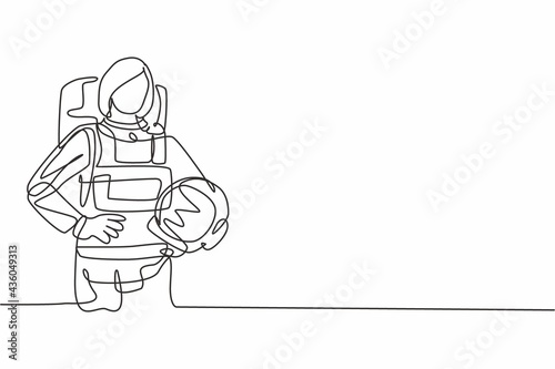 Single continuous line drawing of young beautiful female astronaut holding hands on hip. Professional work job occupation. Minimalism concept one line draw graphic design vector illustration