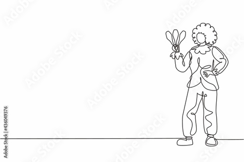 Continuous one line drawing of young funny beauty female clown with hands on hip. Professional job profession minimalist concept. Single line draw design vector graphic illustration