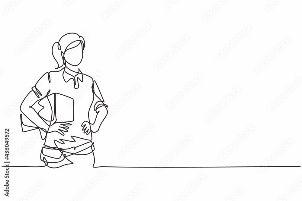 Single one line drawing of young delivery woman posing with hands hold box on hip. Professional work profession and occupation minimal concept. Continuous line draw design graphic vector illustration