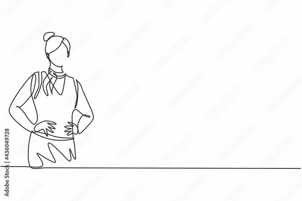 Single one line drawing of young beauty female stewardess posing with hands on hip. Professional work profession and occupation minimal concept. Continuous line draw design graphic vector illustration