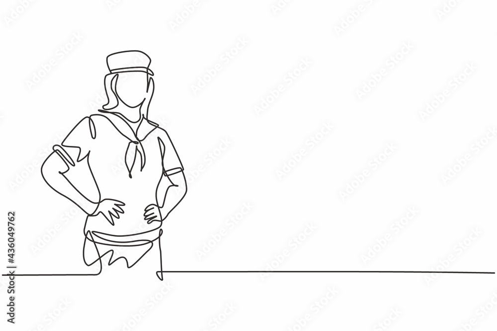 Single one line drawing of young beauty sailor female posing with hands on hip. Professional work profession and occupation minimal concept. Continuous line draw design graphic vector illustration