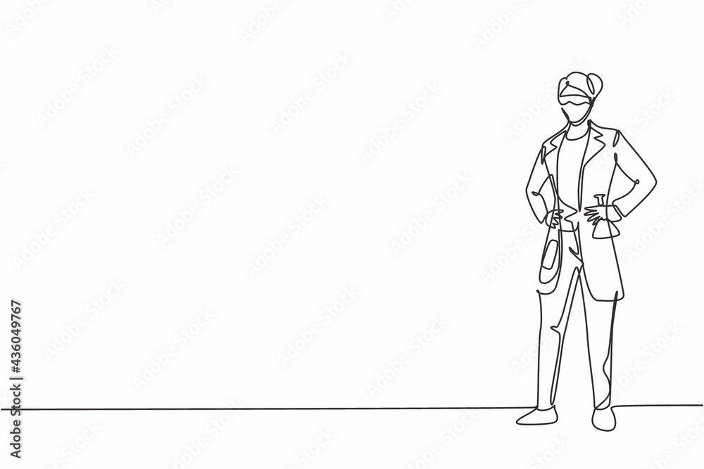 Single continuous line drawing of young female scientist standing and holding hands on hip. Professional work job occupation. Minimalism concept one line draw graphic design vector illustration Single continuous line drawing of young female scientist standing and holding hands on hip. Professional work job occupation. Minimalism concept one line draw graphic design vector illustration