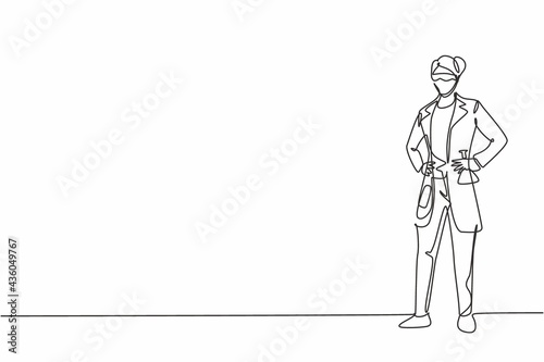 Single continuous line drawing of young female scientist standing and holding hands on hip. Professional work job occupation. Minimalism concept one line draw graphic design vector illustration