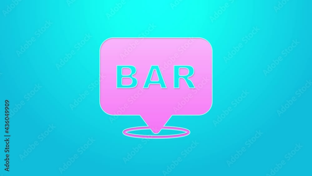 Pink line Alcohol or beer bar location icon isolated on blue background. Symbol of drinking, pub, club, bar. 4K Video motion graphic animation Pink line Alcohol or beer bar location icon isolated on blue background. Symbol of drinking, pub, club, bar. 4K Video motion graphic animation