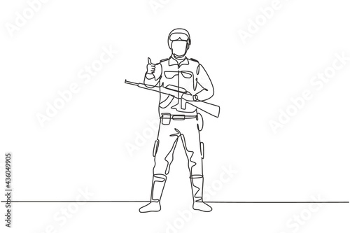 Continuous one line drawing Soldiers stand with weapons, full uniforms, and thumbs-up gestures serving the country with strength of military forces. Single line draw design vector graphic illustration