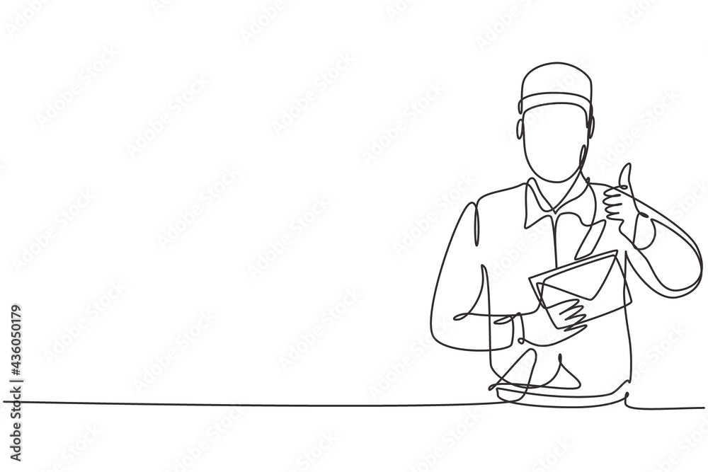 Single one line drawing of postman wearing a hat and uniform with a thumbs-up gesture holds the envelope to work for delivery to homes. Modern continuous line draw design graphic vector illustration.