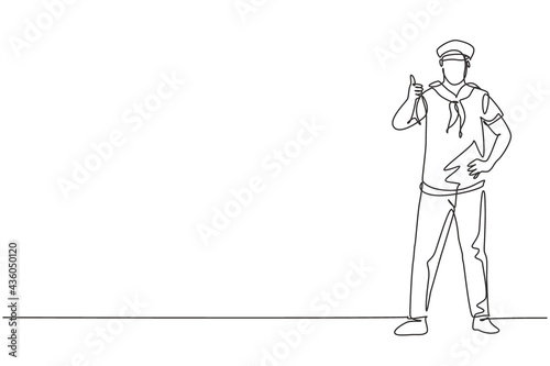 Continuous one line drawing a sailor man stands with a thumbs-up gesture to be part of a cruise ship carrying passengers traveling across seas. Single line draw design vector graphic illustration.