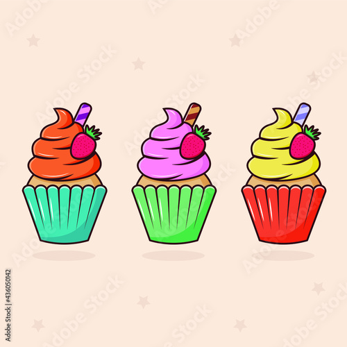 fruit cream cupcake with strawberry and chocolate stick