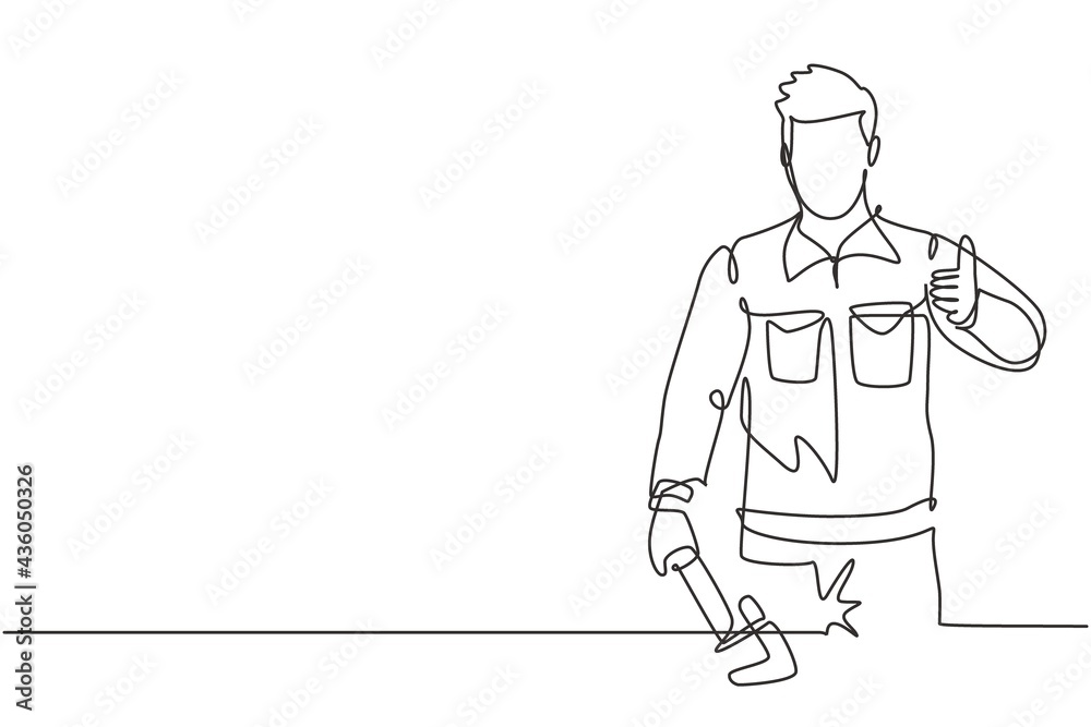 Continuous one line drawing plumber with a thumbs-up gesture was ready to work on repairing the leaking drain in the sink and the house's drains. Single line draw design vector graphic illustration. Continuous one line drawing plumber with a thumbs-up gesture was ready to work on repairing the leaking drain in the sink and the house's drains. Single line draw design vector graphic illustration.