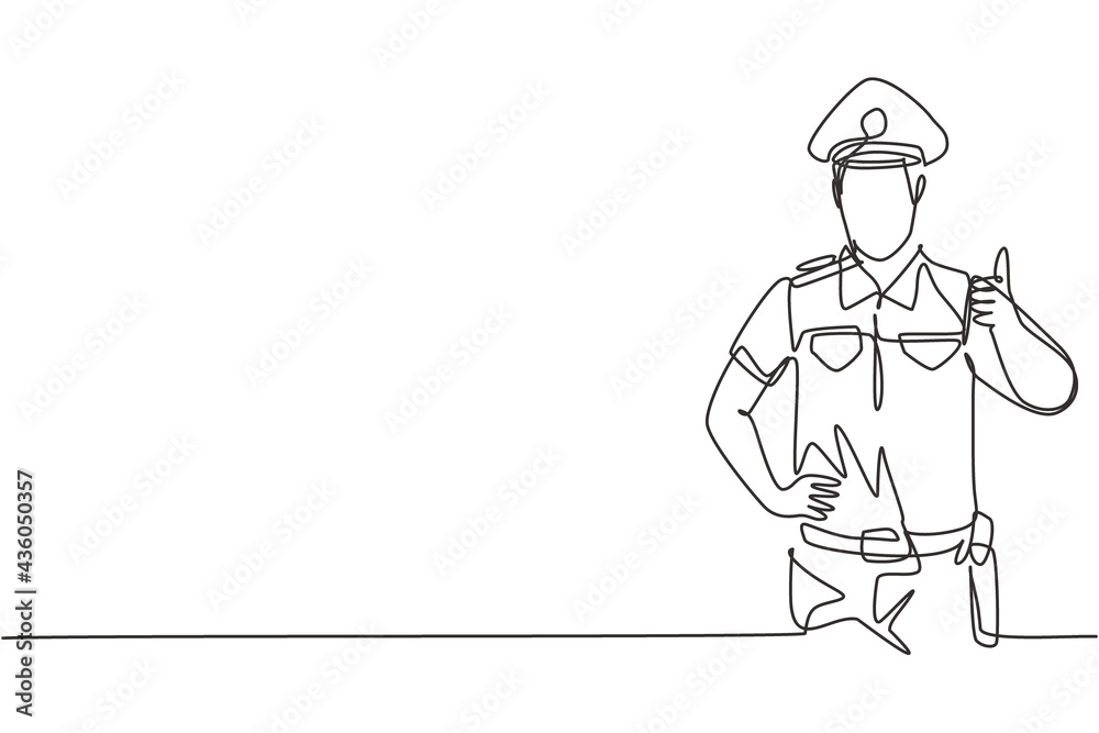 Continuous one line drawing the policeman with a thumbs-up gesture and in full uniform is ready to enforce traffic discipline on the highway. Single line draw design vector graphic illustration. Continuous one line drawing the policeman with a thumbs-up gesture and in full uniform is ready to enforce traffic discipline on the highway. Single line draw design vector graphic illustration.