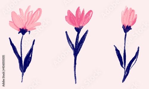 Bundle of watercolor vector flowers. Three abstract, doodled floral elements on pink background.