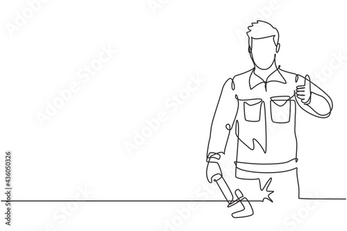 Continuous one line drawing plumber with a thumbs-up gesture was ready to work on repairing the leaking drain in the sink and the house's drains. Single line draw design vector graphic illustration.