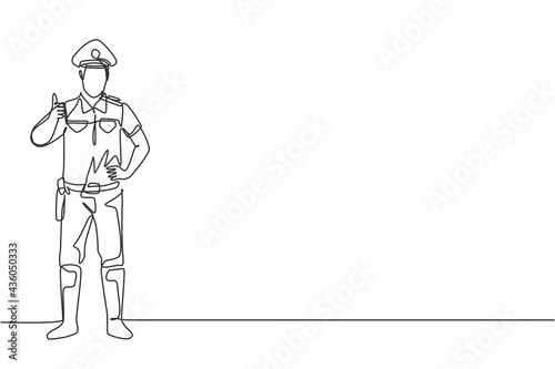 Continuous one line drawing policeman standing with a thumbs-up gesture and in full uniform works to control vehicle traffic on the highway. Single line draw design vector graphic illustration.